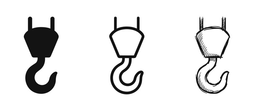 Industrial crane hook icon set in solid, outline, and hand-drawn styles for construction and lifting equipment