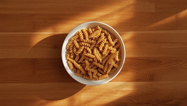 Top down image of a white ceramic bowl with fusilli pasta on a warm toned wood surface in sunlight