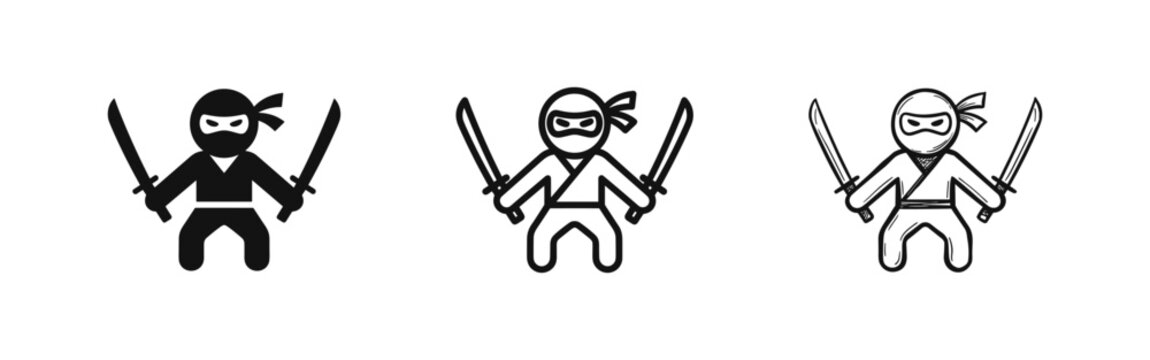 Ninja warrior icon set, samurai assassin with swords, martial arts concept
