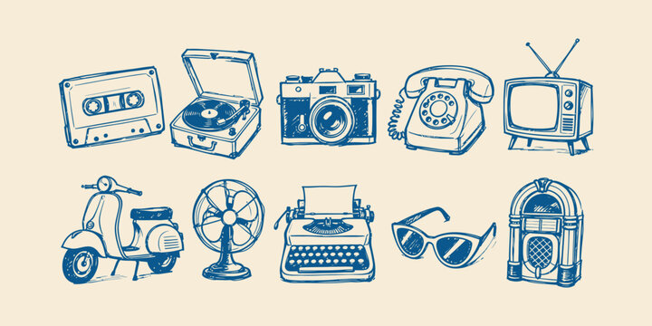 retro vintage objects doodle icon set with cassette tape vinyl record player camera rotary telephone tv scooter and typewriter vector illustration