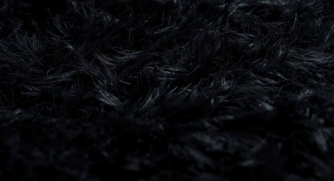 Close up of a luxurious shaggy black fur carpet texture with detailed strands