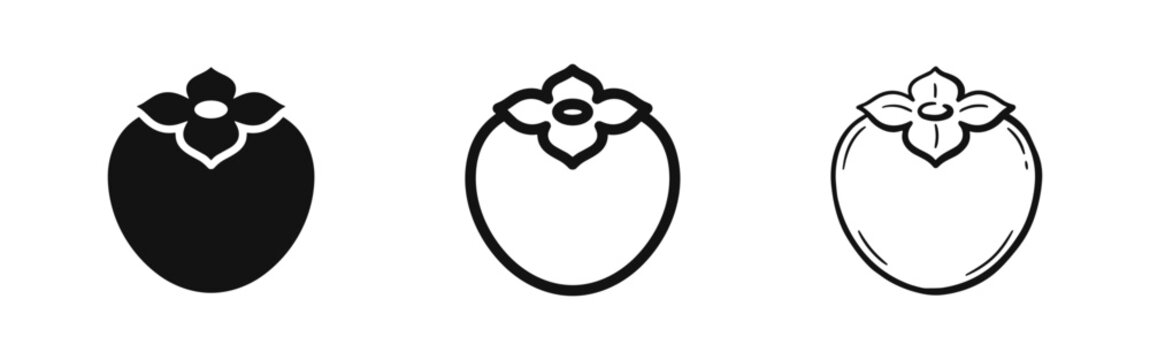 Persimmon Fruit Icon Set in Flat Outline and Hand Drawn Sketch Styles