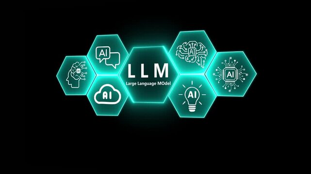Futuristic concept of artificial intelligence and large language models (LLM) with glowing AI icons and human hand interface. Innovation in machine learning and digital transformation.4k video .