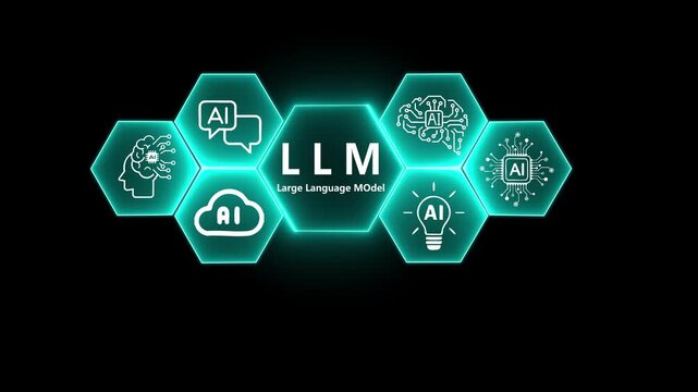 Futuristic concept of artificial intelligence and large language models (LLM) with glowing AI icons and human hand interface. Innovation in machine learning and digital transformation.4k video .