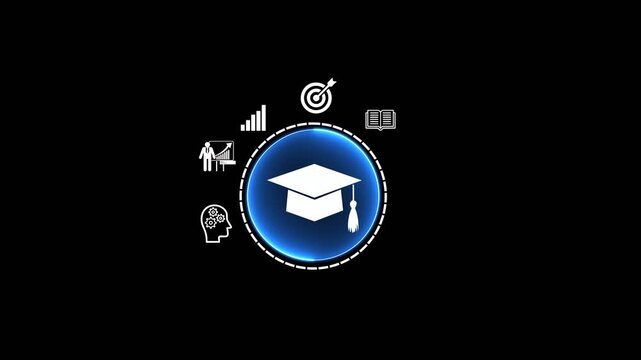 Online education concept. Businessman with Online education training icons and e-learning webinar on internet. Increase business working skills. Education internet technology.4K video animation.