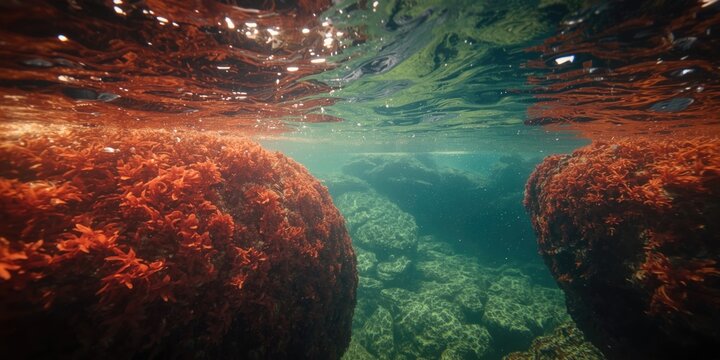 Scenic underwater coastal environment displaying dense red algae growth around rocks with wave shimmer