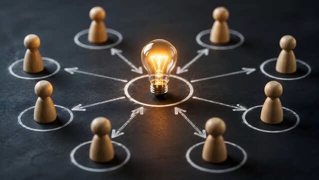 Crowdsourcing innovation concept with wooden figures connected to a glowing central lightbulb representing team brainstorming and collective intelligence