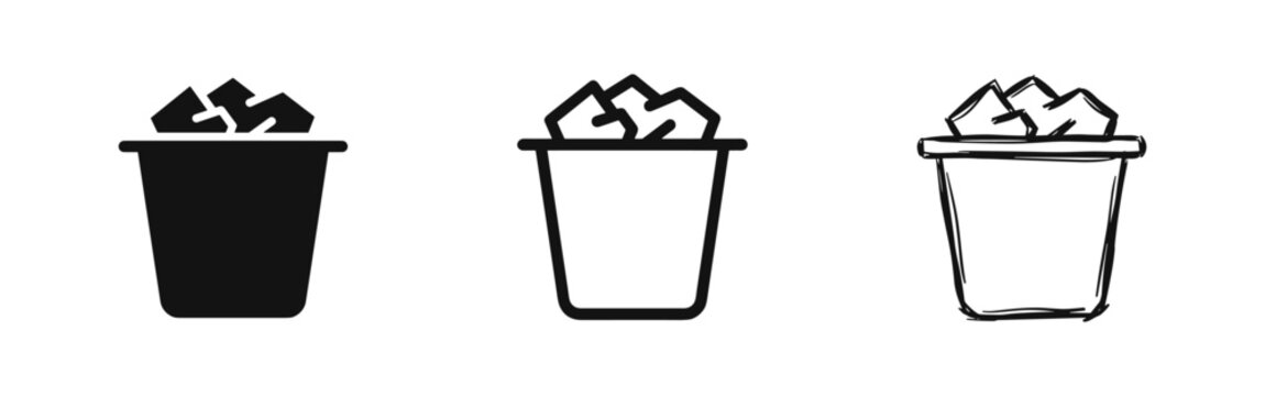 Ice bucket icon set in solid, line, and hand-drawn sketch styles