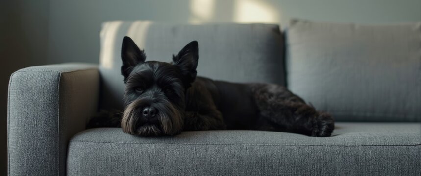Relaxed black schnauzer pet lying comfortably on modern grey living room couch