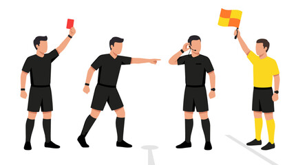 Fototapeta premium Soccer referee officials set showing red card and signaling rules with football official linesman competition authority decision discipline sanction enforcement professional