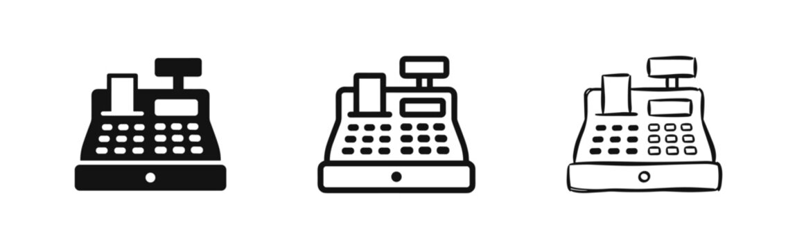 Cash Register Machine Icon Set: Solid, Outline, and Hand-Drawn Styles