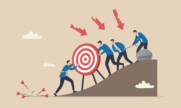 Missed targe meeting teams together obstacle to achieve target or set too high or unrealistic goal concept, businessman trying hard to push dartboard or arrow target up the hill