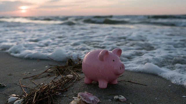 pink piggy bank on sandy beach with waves, savings financial investment retirement concept