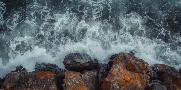 Vigorous ocean waves colliding with rough rocky shoreline and ample copy space
