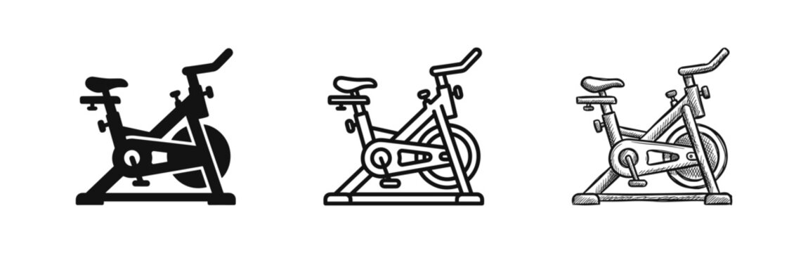 Stationary Exercise Bike Icons Set. Spin Bike, Indoor Cycling, and Gym Workout Equipment Symbols in Solid, Outline, and Hand-Drawn Styles.