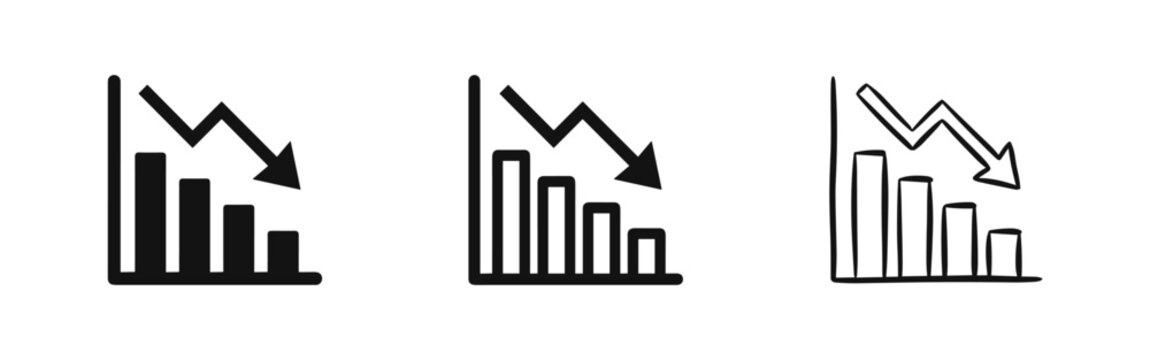 Declining Bar Chart with Downward Arrow Icon Set for Recession and Loss