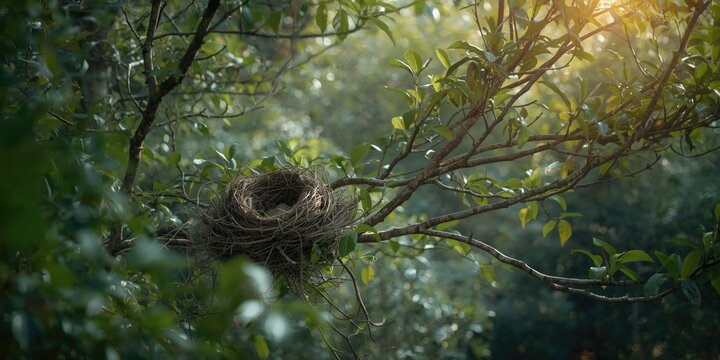 Bird nest in a tree surrounded by greenery
