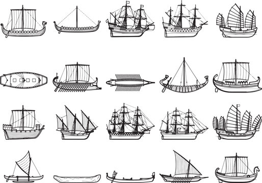 A collection of diverse maritime vessels, showcasing ancient and historical sailing ship designs, arranged in a grid formation for a comprehensive display of nautical history.