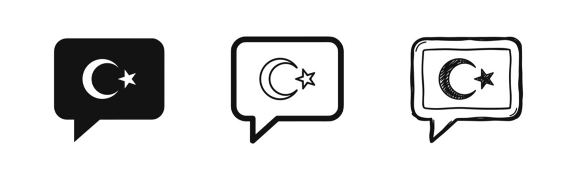 Turkey flag speech bubble icons in solid, outline, and hand-drawn doodle styles. Turkish language and communication symbol set.