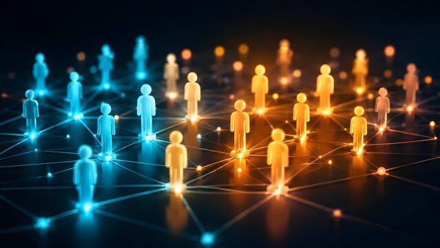 Global workforce integration concept showing interconnected glowing human figures merging on a digital network