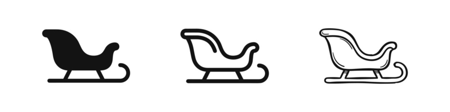 Christmas sleigh icons in solid, outline, and hand-drawn doodle styles. Winter holiday and Santa Claus transportation symbols.