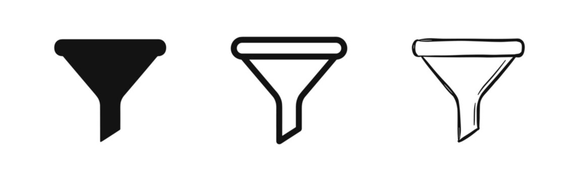 Filter funnel icons in solid, outline, and hand-drawn doodle styles. Data sorting, processing, and sales conversion symbols.