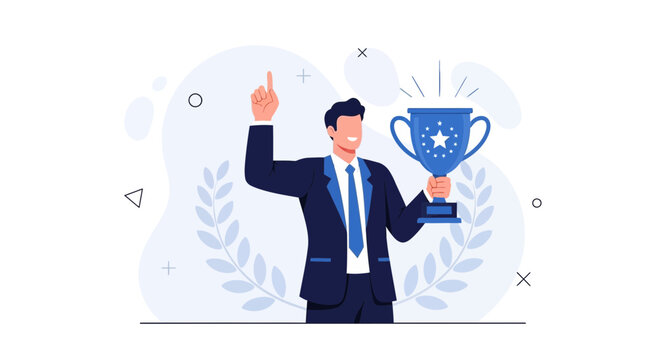 Successful Businessman Holding Trophy, Pointing Finger Up, Celebrating Victory with Laurel Wreath