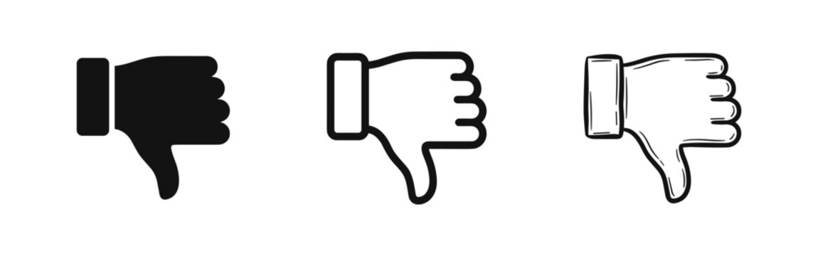 Thumbs Down Icons Set. Dislike, Negative Feedback, and Disapproval Symbols in Solid, Outline, and Hand-Drawn Styles.
