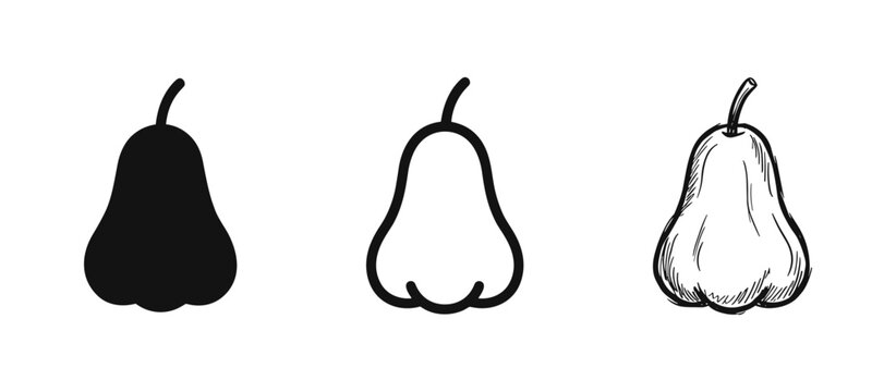 Rose apple fruit icon set in solid, outline, and hand-drawn sketch styles for healthy food design.
