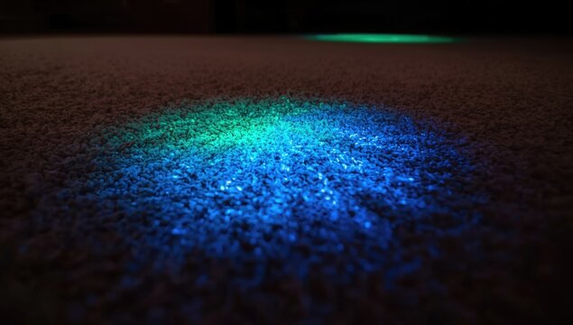 UV light uncovering pet pee affected zones on indoor carpeted area