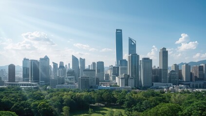 Naklejka premium Sophisticated city panorama featuring radiant light flows and fresh architecture