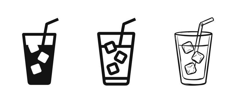 Cold Drink Icons Set - Glass with Ice Cubes and Straw in Solid, Outline, and Hand-Drawn Styles
