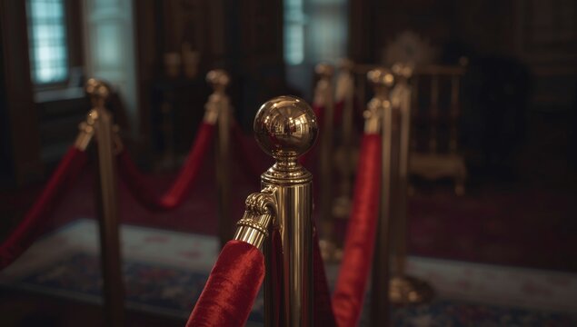 Golden stanchion with red velvet rope in a hallway