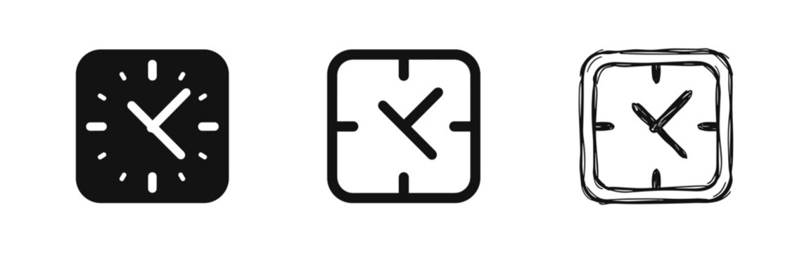 Square clock face icon set showing time in solid, outline, and hand-drawn styles