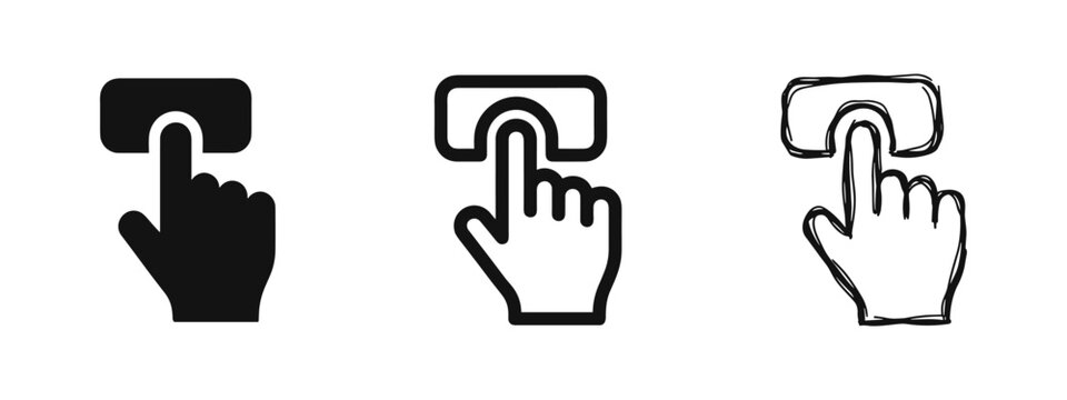 Hand finger pressing button icon set in solid, outline, and hand-drawn sketch styles