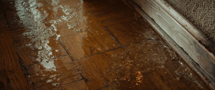 Water pooling on wooden floor near baseboard
