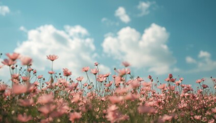 Obraz premium Field of pink flowers under a blue sky with clouds