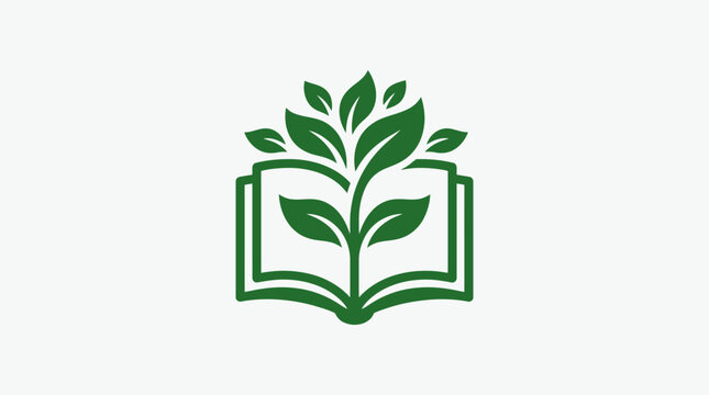 Minimalist green icon of a book with growing leaves representing education and nature.