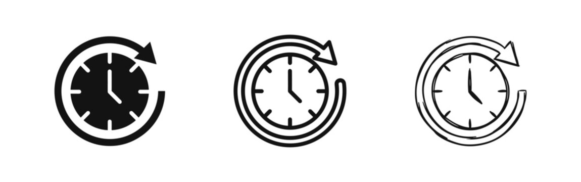 Time reload or refresh clock icon set. History update clockwise arrow symbol in solid, outline, and sketchy styles.