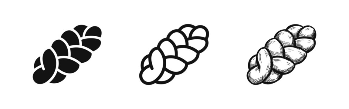 Braided bread or challah icon set. Bakery food traditional loaf symbol in solid, outline, and sketchy styles.