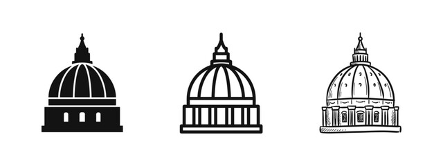Dome Building Icon Set, Featuring Capitol or Church Architecture in Solid, Outline, and Hand-Drawn Styles © drawing lines
