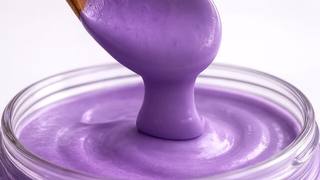 Macro of creamy ube spread on spoon over jar, vibrant purple yam paste texture, trendy Filipino superfood spread, sweet dessert topping and gourmet food ingredient, aesthetic food texture 4K
