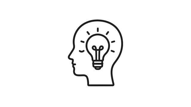 Intellectual property line art concept featuring a human head profile enclosing a lightbulb representing cognitive intelligence and creative vision