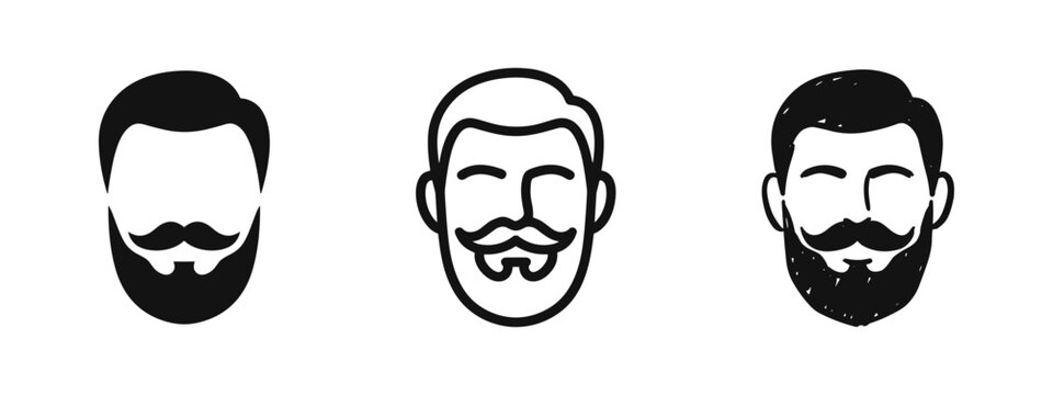 Hipster man with beard and mustache icon set in solid, outline, and hand-drawn styles for male grooming and fashion.