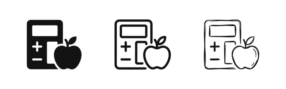 Calorie counter icon set. Calculator and apple symbols for diet and nutrition in three different styles.