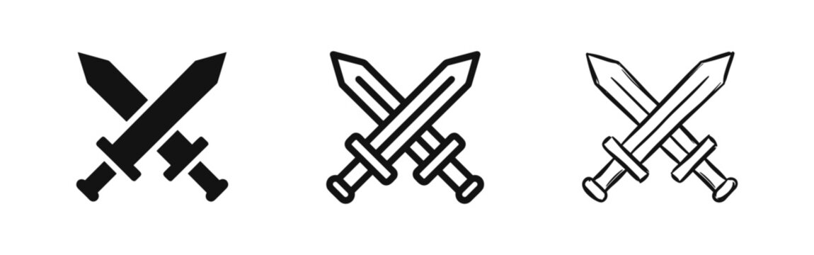 Crossed swords icon set. Medieval battle or competition symbols in three different styles.