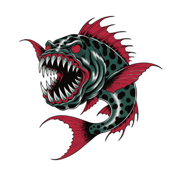 A fantasy-inspired demon sea fish with mouth stretched wide in an aggressive attack