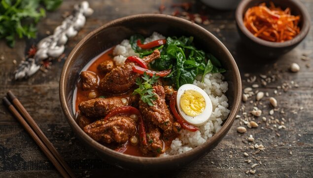 Indonesian rustic bowl dinner showcasing chicken sambel brongot spinach orek tempe and steamed rice