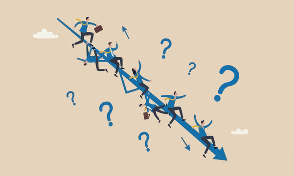 Stock market, economic crisis, fall down, decrease or reduction concept, business people investor riding on falling down graph