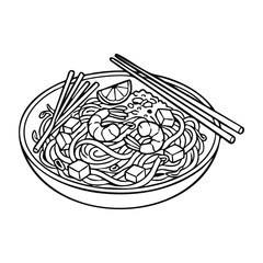 Authentic Thai pad thai stir fried rice noodles with prawns, tofu cubes, bean sprouts, lime wedge, and chopsticks in a bowl vector line art illustration © Nadine